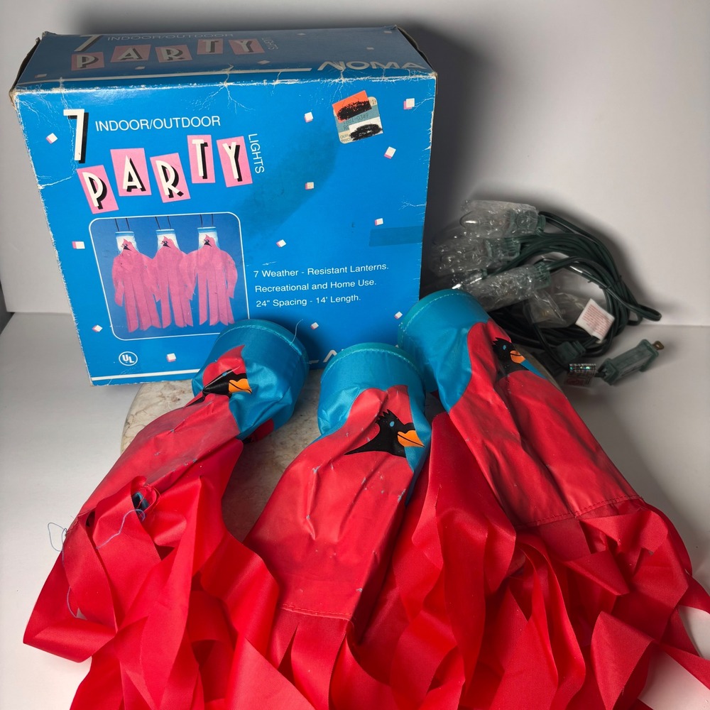 VTG Noma Cardinal Windsock Party Lights 14ft Red Blue 7 Weather Resist Lanterns